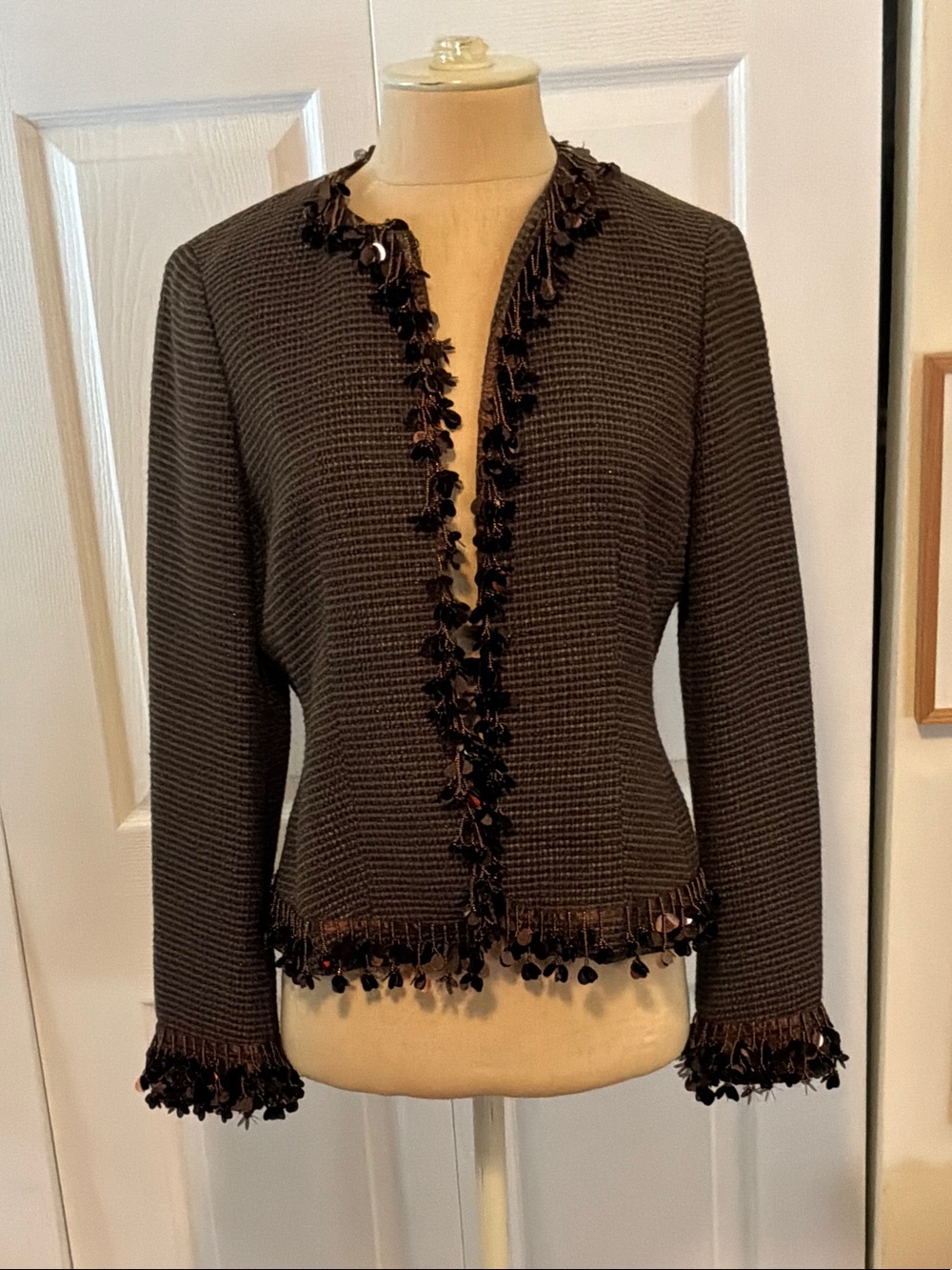Worth Chocolate Brown Fringe-Trim Knit Blazer